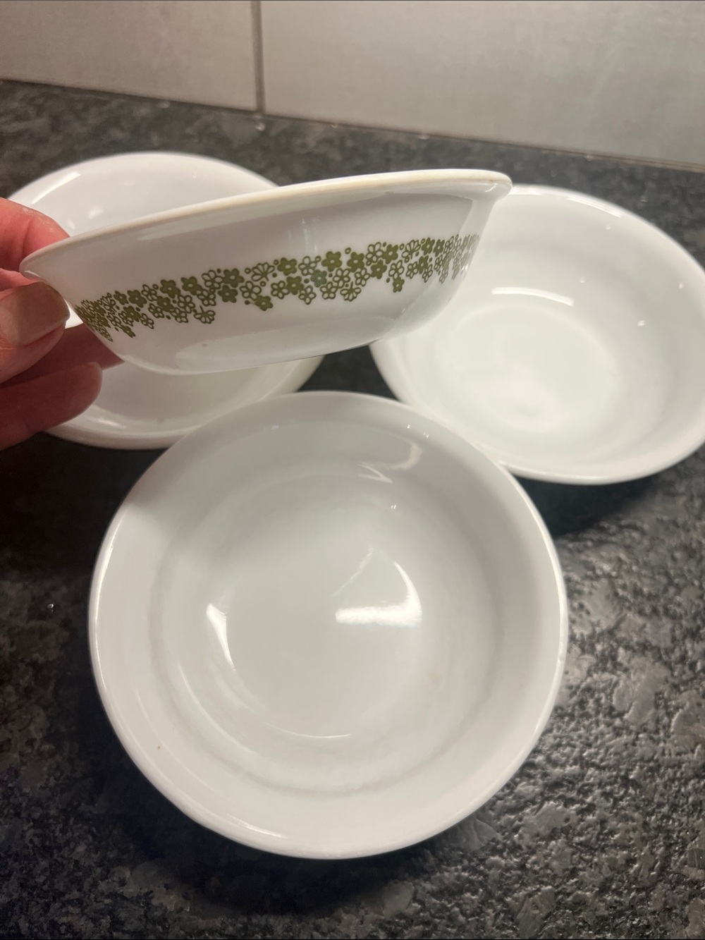 4 CRAZY DAISY OR SPRING BLOSSOM White small Bowls with Green Floral design